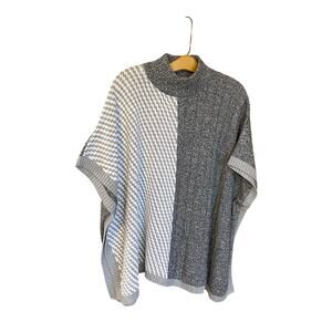 Chico’s Cotton Poncho Sweater OS Gray Houndstooth Marled Knit Mock Neck
